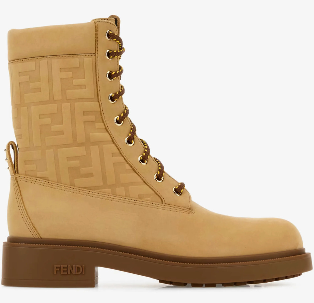 Fendi Filo Beige Nubuck FF Embossed Logo Lace Up Tie Logo Combat Biker Boot 38